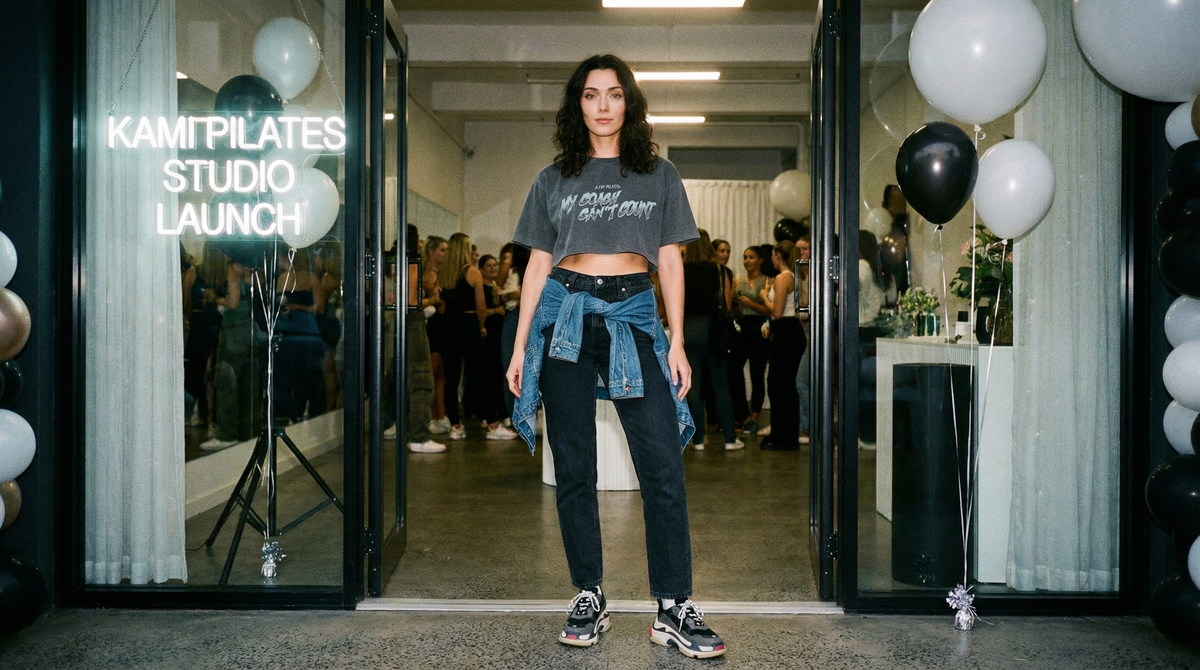 Woman standing in a studio with 'Kampilates Studio Launch' sign and balloons.