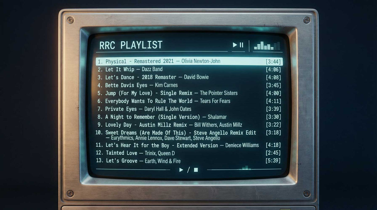 Vintage-style music player with a playlist on a dark background